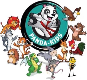 Verschiedene bunte Tierfiguren umgeben ein rundes Logo mit Panda und Schriftzug Panda-Kids.
