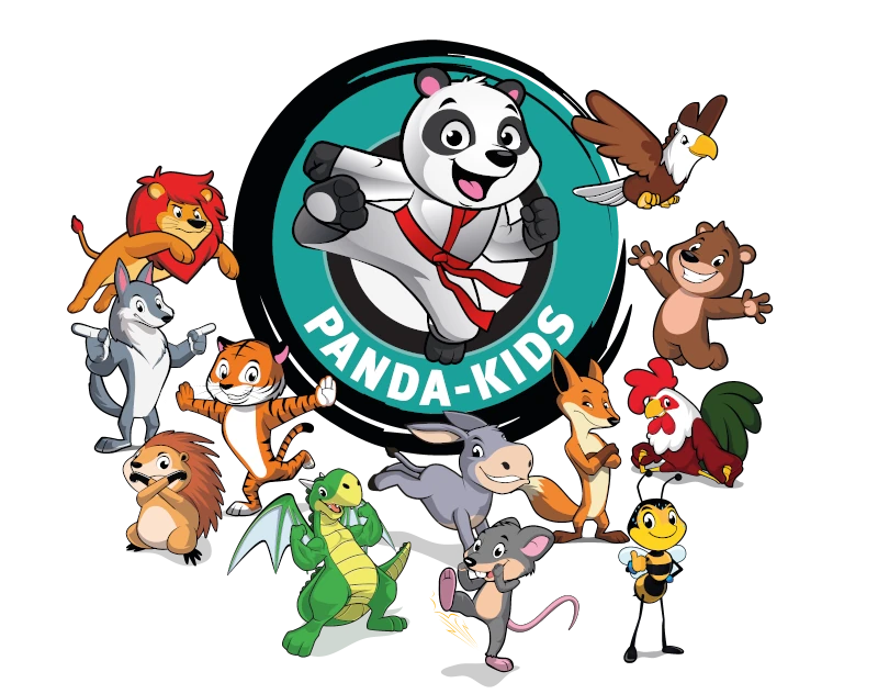 Verschiedene bunte Tierfiguren umgeben ein rundes Logo mit Panda und Schriftzug Panda-Kids.